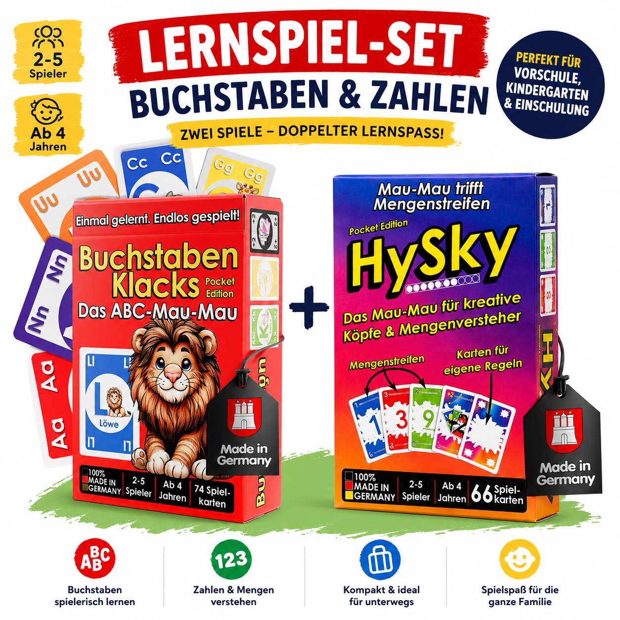 Buchstaben Klacks Pocket Löwe + HySky Pocket – Lernspiel-Set für Kinder ab 4 Jahren | Buchstaben & Zahlen spielerisch lernen