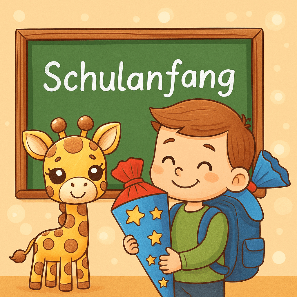 Schulstart-Aktion - Bild mit Tafel "Schulanfang", Giraffe und Junge mit Schultüte