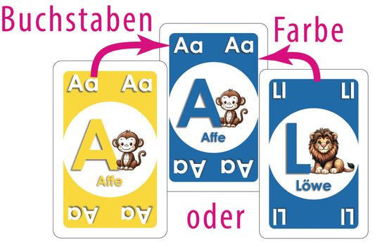 So funktioniert Buchstaben Klacks: Karten mit gleichem Buchstaben oder gleicher Farbe ablegen