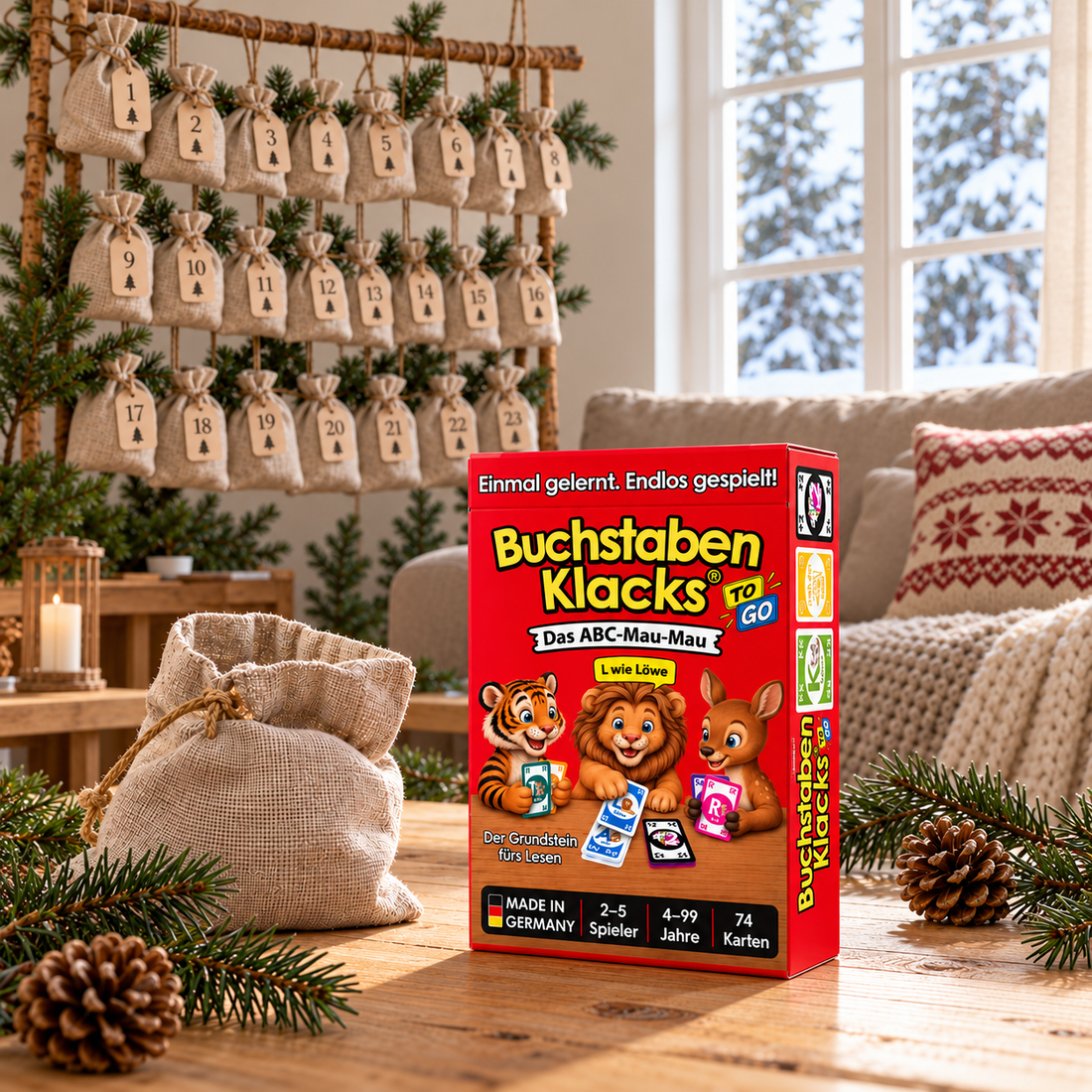 Adventskalender mit Stoffsäckchen und Buchstaben Klacks Pocket ToGo als Lernspiel für Vorschulkinder