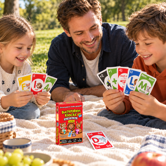Familie spielt Buchstaben Klacks Pocket ToGo beim Picknick – Kartenspiel für Kinder ab 4 Jahren