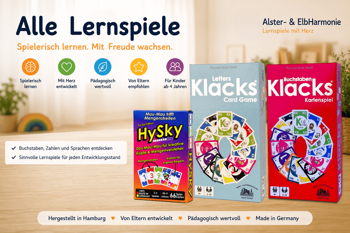 Lernspiele für Kinder mit Buchstaben Klacks, Letters Klacks und HySky zum spielerischen Lernen von Buchstaben, Zahlen und Sprachen