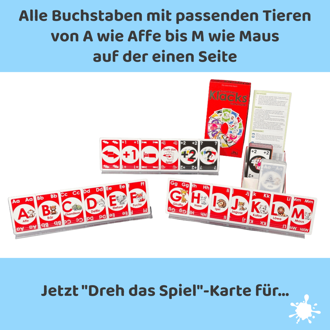 Alle Buchstaben mit passenden Tieren von A Affe bis M wie Maus auf der einen Seite