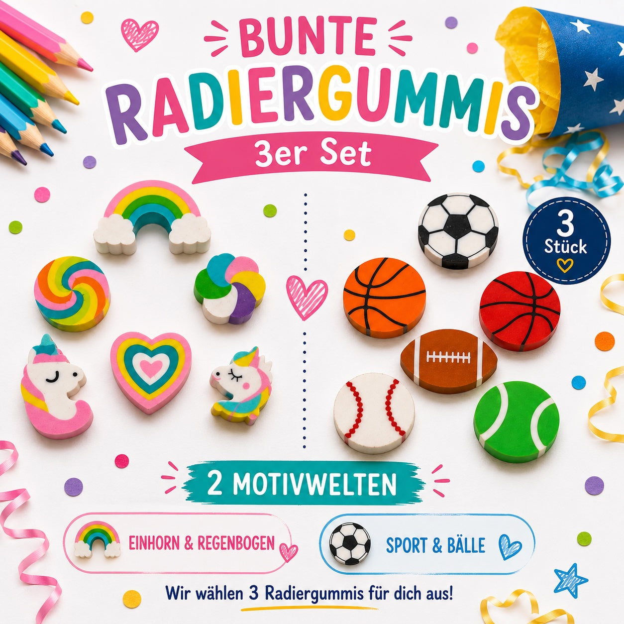 Bunte Radiergummis im 3er Set mit Einhorn-, Regenbogen- und Sportmotiven als Schultütenfüllung zur Einschulung für Kinder