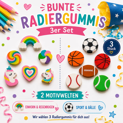 Bunte Radiergummis im 3er Set mit Einhorn-, Regenbogen- und Sportmotiven als Schultütenfüllung zur Einschulung für Kinder