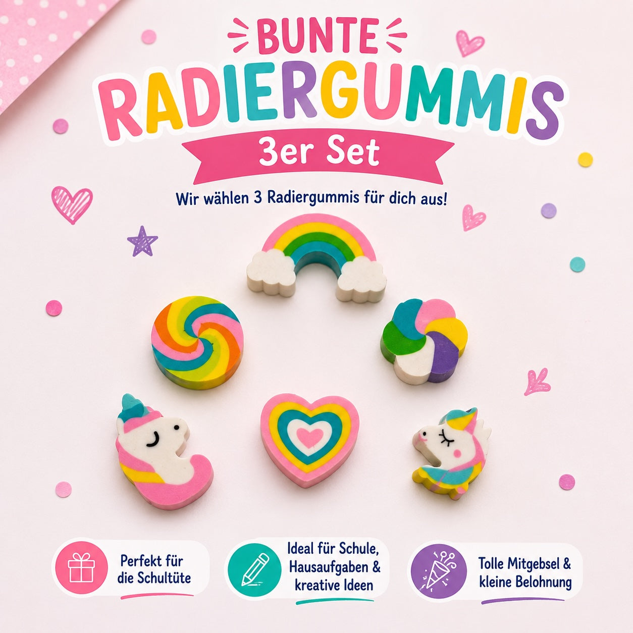 Bunte Radiergummis mit Einhorn-, Regenbogen- und Herzmotiven als 3er Set für die Schultüte und Einschulung von Kindern