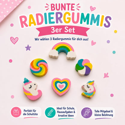Bunte Radiergummis mit Einhorn-, Regenbogen- und Herzmotiven als 3er Set für die Schultüte und Einschulung von Kindern