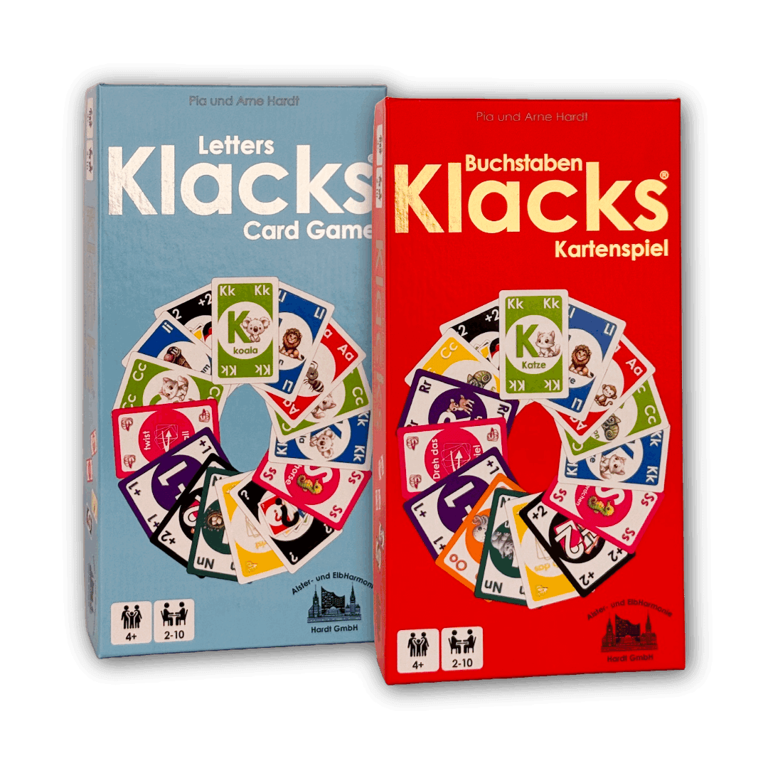 Sprach-Knaller: Letters Klacks und Buchstaben Klacks nebeneinander in der großen Stülpschachtel