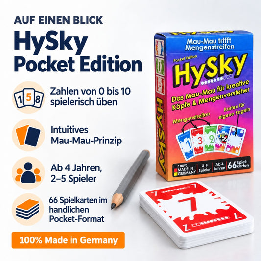HySky Lernspiel für Kinder ab 4 Jahren mit Mengenstreifen. Zahlen und Mengen spielerisch verstehen mit dem Mau-Mau-Prinzip. Für 2 bis 5 Spieler.