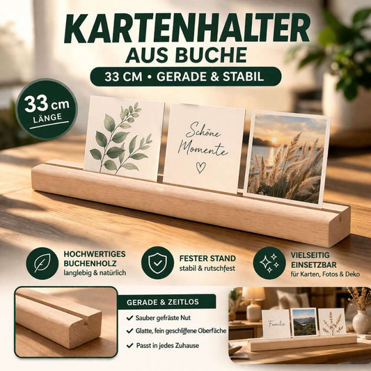Kartenhalter aus Buchenholz mit 33 cm Länge. Stabiler Holz-Kartenhalter für Spielkarten, Lernkarten, Fotos und Dekoration. Ideal für Kinderhände und Lernspiele.