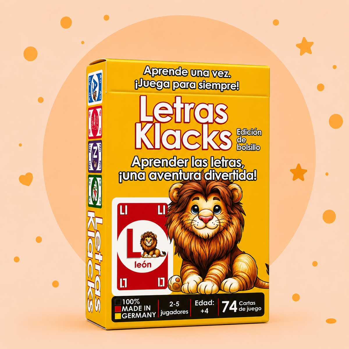 Spanisches Sprachlernspiel für Kinder ab 4 Jahren – Letras Klacks Pocket Edition mit Löwe und Buchstabenkarte