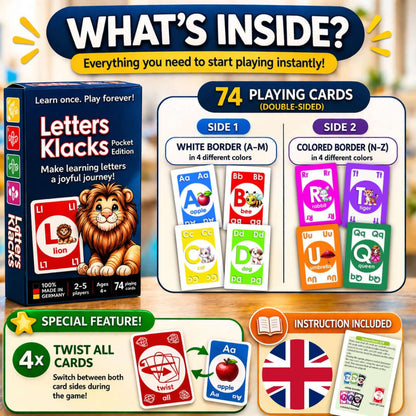 Letters Klacks Pocket Edition, Englisch Alphabet Kartenspiel, enthalten 74 doppelseitige Spielkarten für spielerisches Lernen.