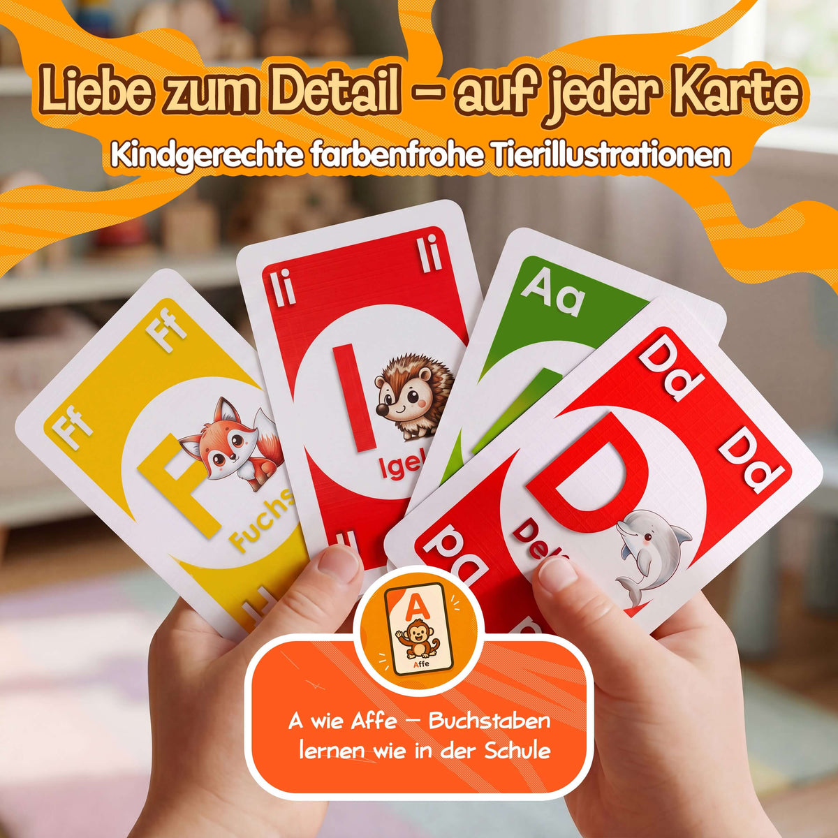 Detailansicht der Buchstaben Klacks Karten mit Tierillustrationen – spielerisch Buchstaben lernen für Kinder
