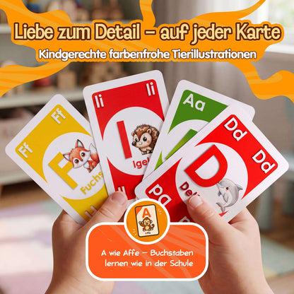 Detailansicht der Buchstaben Klacks Karten mit Tierillustrationen – spielerisch Buchstaben lernen für Kinder
