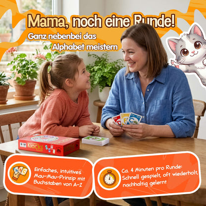 Mama und Tochter spielen Buchstaben Klacks – ABC Lernspiel für Kinder ab 4 Jahren nach Mau-Mau-Prinzip