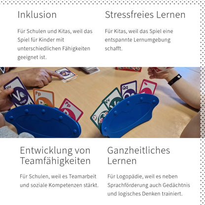 Inklusion: Spielerisches Lernen für     	      Kinder aller Fähigkeiten.
Ganzheitliches Lernen: Stärkt Sprache, 	      Gedächtnis und logisches Denken.
Teamarbeit: Fördert Zusammenarbeit   	       und soziale Kompetenzen.
Stressfreies Lernen: Eine entspannte 	       Atmosphäre ohne Leistungsdruck.