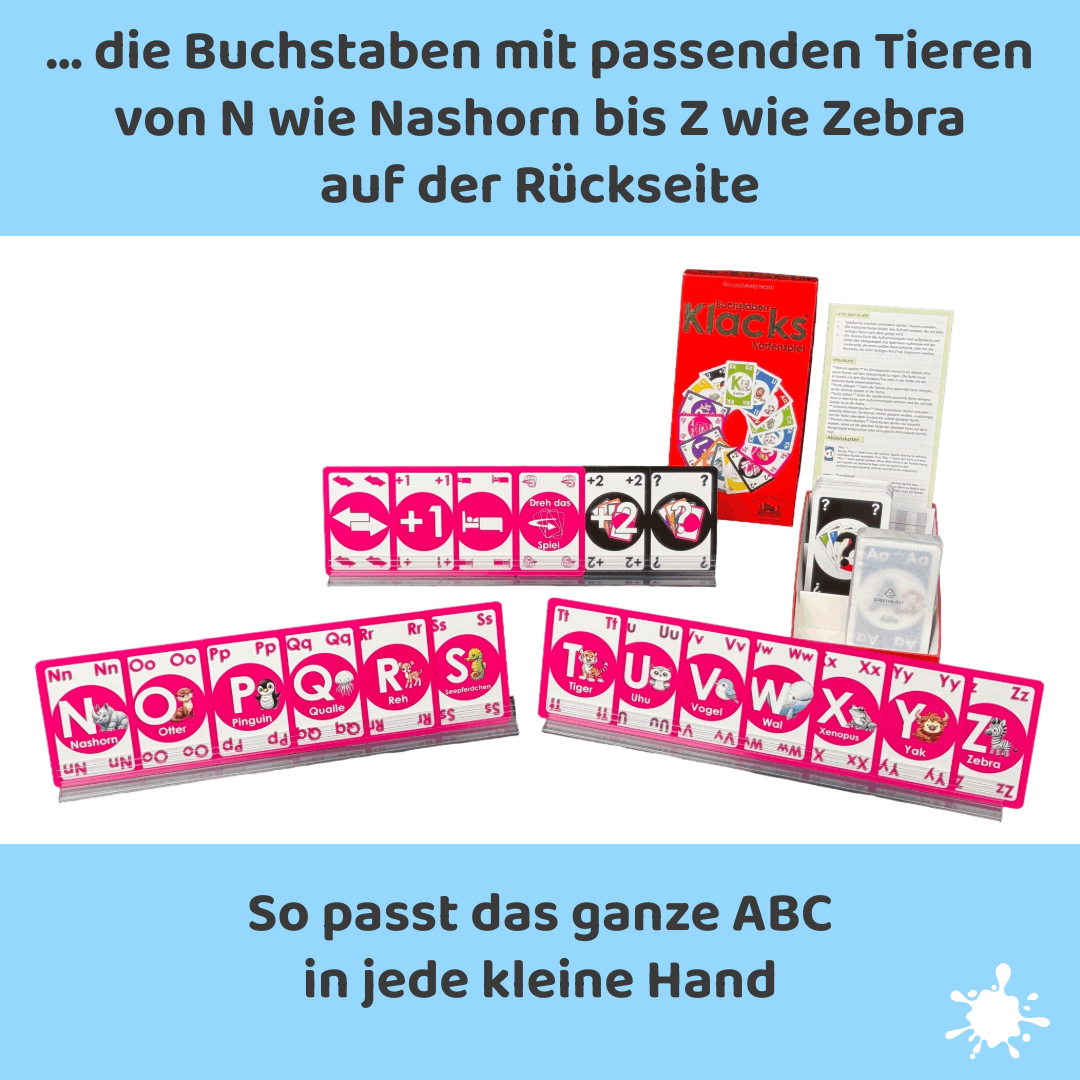 Die Buchstaben mit passenden Tieren von innen wie Nashorn bis Z wie Zebra auf der Rückseite