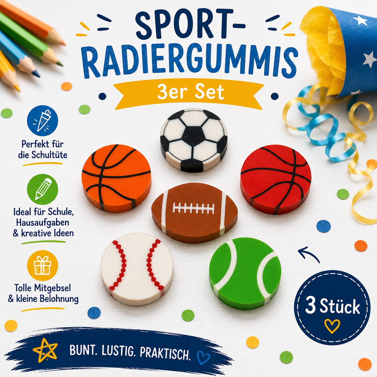 Drei bunte Sport-Radiergummis mit verschiedenen Ballmotiven als kleine Schultütenfüllung zur Einschulung für Jungen und Mädchen