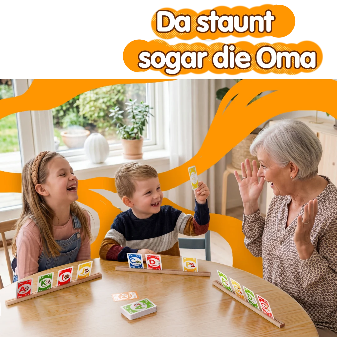Großmutter und Kinder spielen gemeinsam Buchstaben Klacks