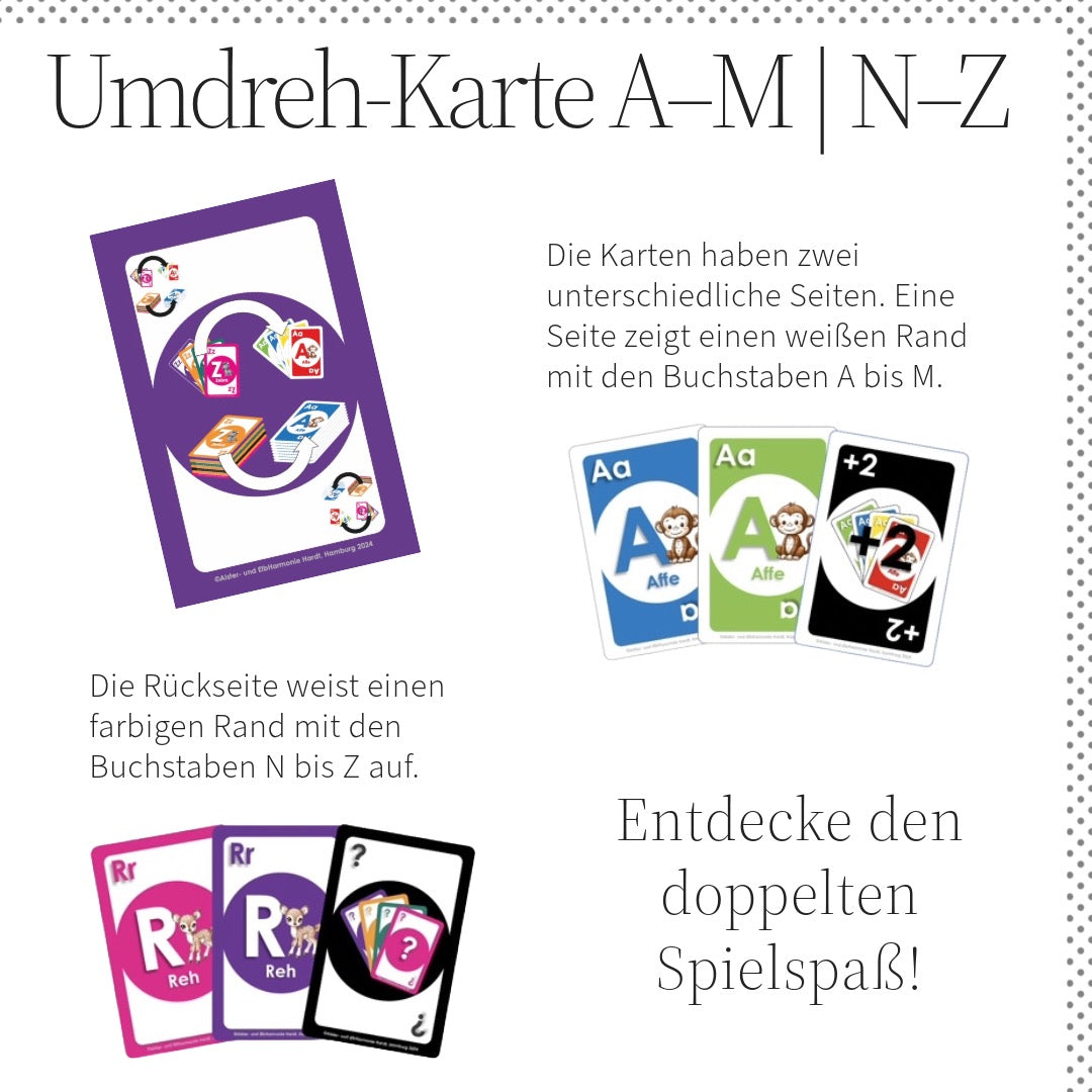 Umdreht-Karte - Die Karten haben zwei unterschiedliche Seiten. Eine Seite zeigt einen weißen Rand mit den Buchstaben A bis M. Die Rückseite N-Z weist einen farbigen Rand auf.