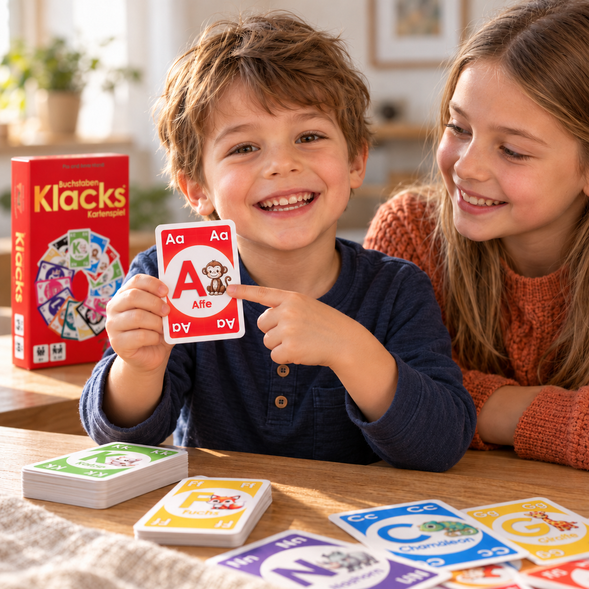 Junge zeigt stolz die Karte A wie Affe, seine Schwester lacht – mit Buchstaben Klacks das ABC ganz nebenbei entdecken