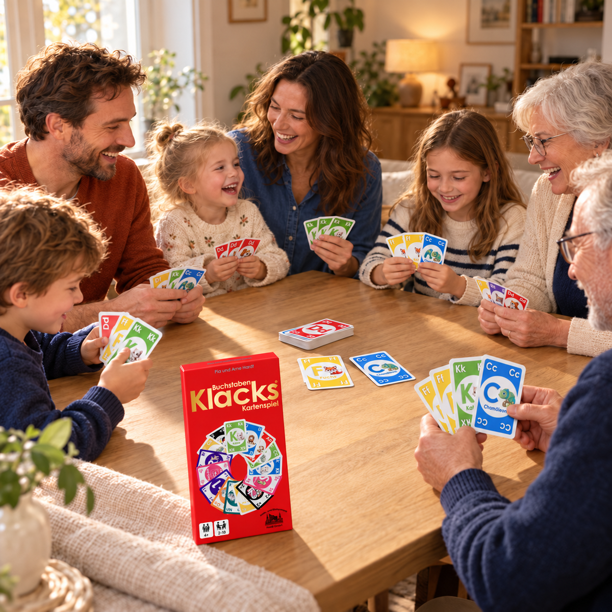 Drei Generationen spielen gemeinsam Buchstaben Klacks am Esstisch – das ABC-Kartenspiel für die ganze Familie