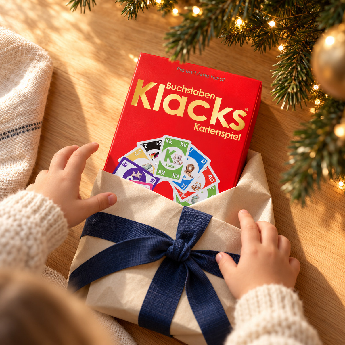 Buchstaben Klacks als Geschenk mit Schleife unter dem Weihnachtsbaum – Geschenkidee für Kinder ab 4 Jahren