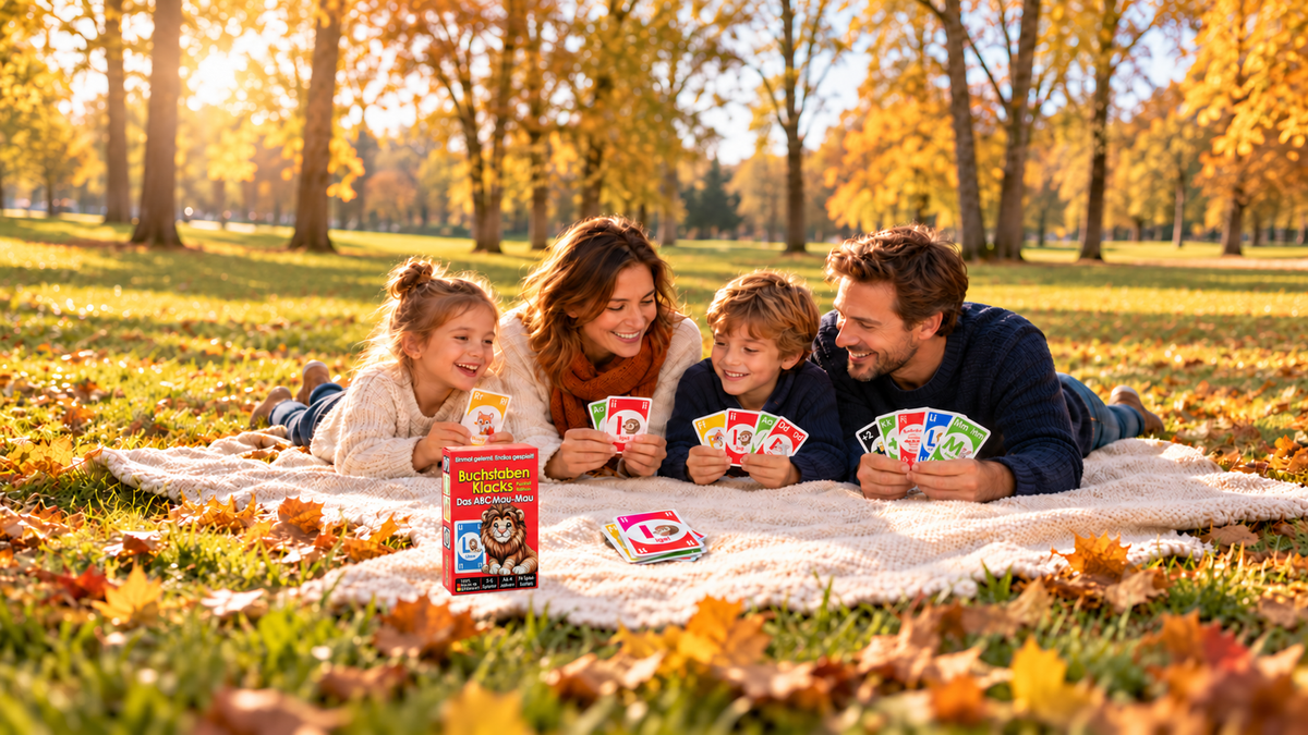 Familie liegt auf einer Decke im herbstlichen Park und spielt Buchstaben Klacks Pocket Löwe – das ABC-Kartenspiel im handlichen Format