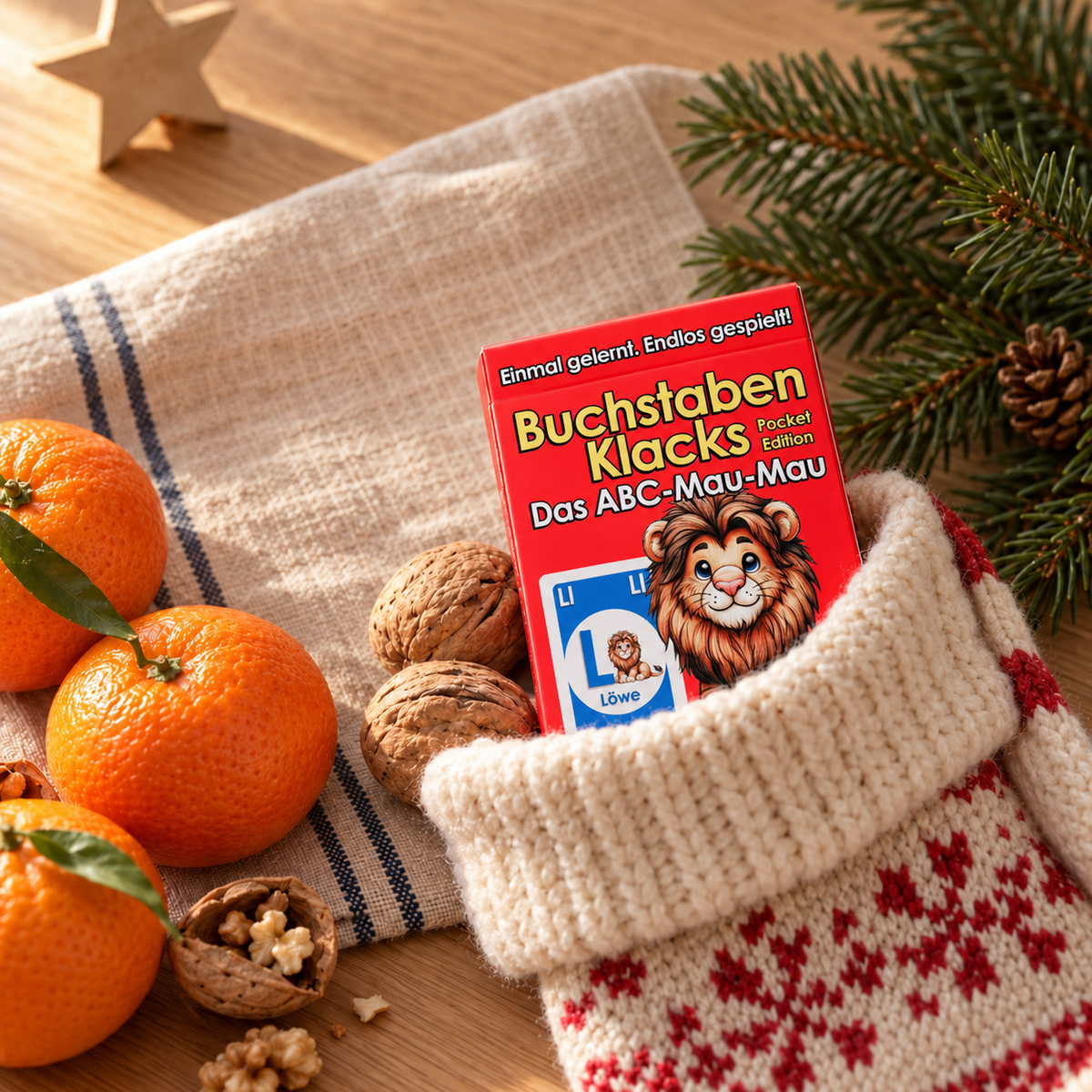 Buchstaben Klacks Pocket Löwe im Nikolausstiefel mit Mandarinen und Nüssen – kleine Geschenkidee für Kinder ab 4 Jahren