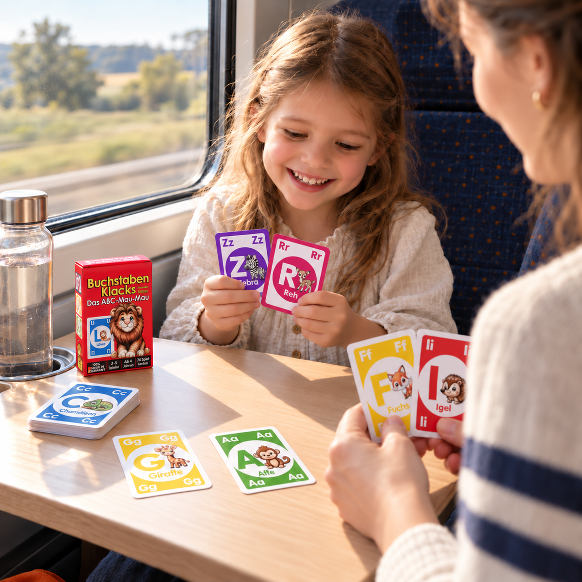 Mädchen und Mama spielen Buchstaben Klacks Pocket am Tisch im Zug – das ABC-Kartenspiel im handlichen Format für unterwegs