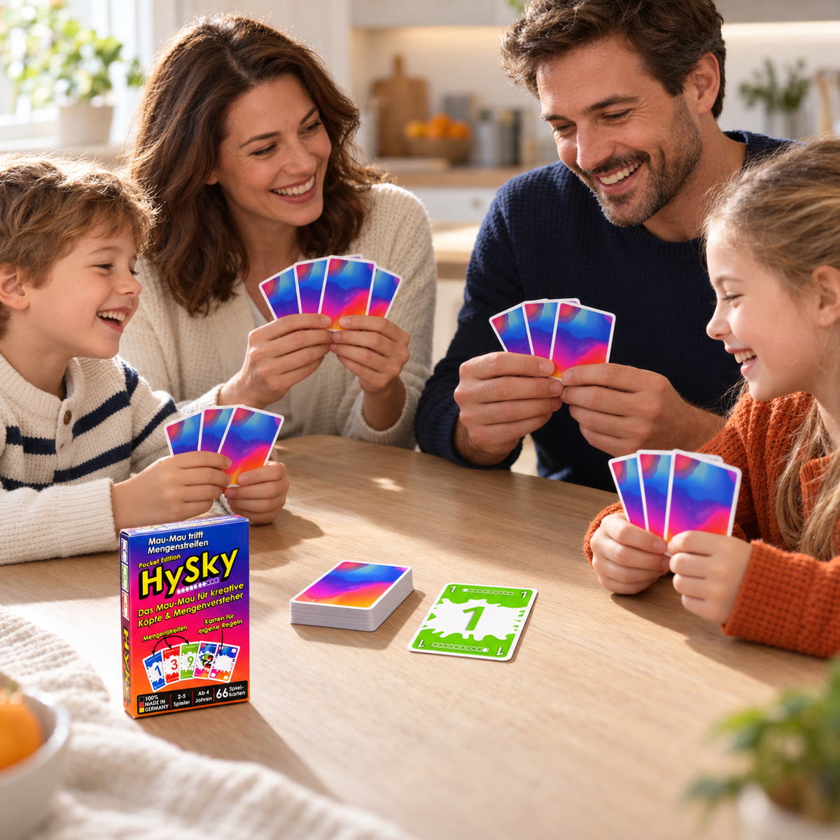 Familie mit zwei Kindern spielt lachend HySky am Holztisch – Mau-Mau mit Zahlen für Kinder ab 4 Jahren