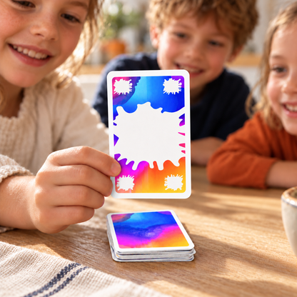 Kind hält die HySky Kreativkarte hoch – damit erfindet ihr gemeinsam eigene Spielregeln
