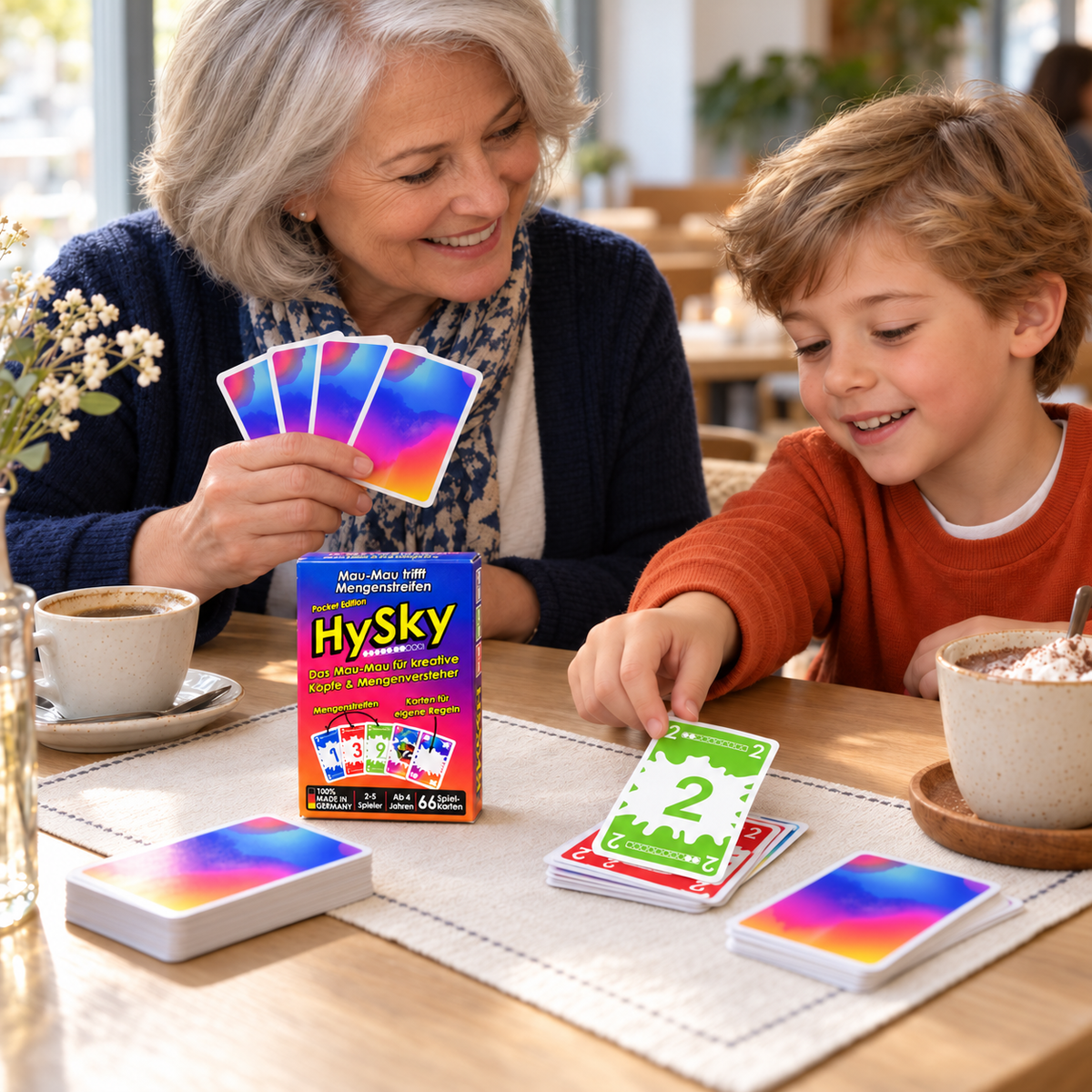 Oma und Enkel spielen HySky am Tisch, der Junge legt eine grüne 2 ab – wer Mau-Mau kennt, kann sofort loslegen