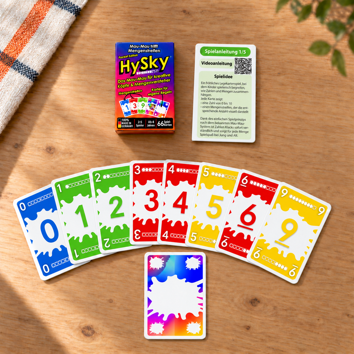 Inhalt von HySky Pocket Edition: Faltschachtel, Zahlenkarten mit Mengenstreifen, Kreativkarte und Spielanleitung