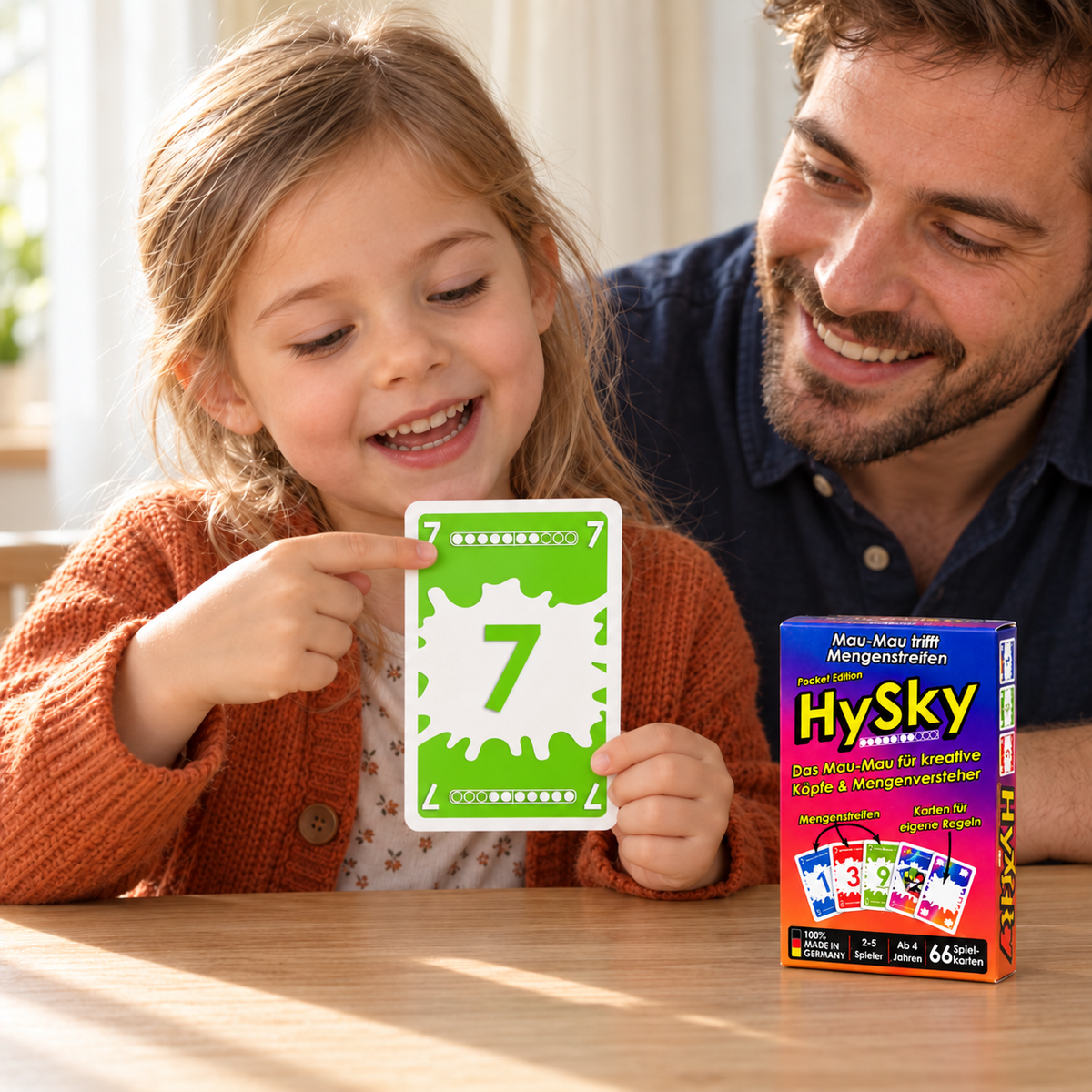 Schritt 2: Mädchen zeigt die HySky Karte 7 und zählt mit ihrem Papa die Punkte auf dem Mengenstreifen