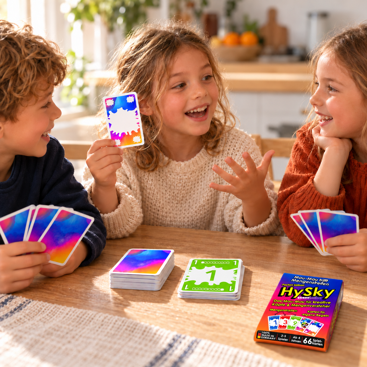 Schritt 3: Mädchen hält die HySky Kreativkarte hoch und erklärt den anderen Kindern eine neue Spielregel