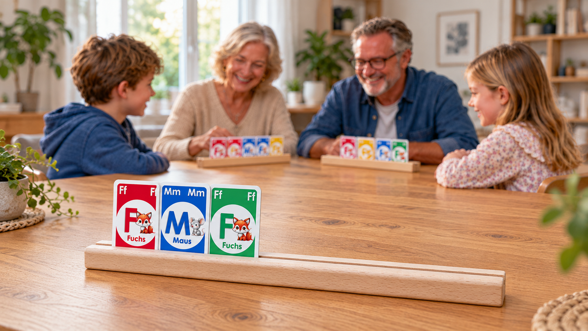 Großeltern und zwei Kinder spielen am Esstisch, jeder mit einem Kartenhalter aus Buche – im Vordergrund ein Halter mit drei Karten