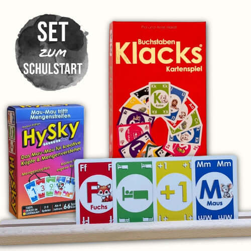 Lernspiel-Set zum Schulstart mit Buchstaben lernen und Zahlen in drei Einzelspielen.